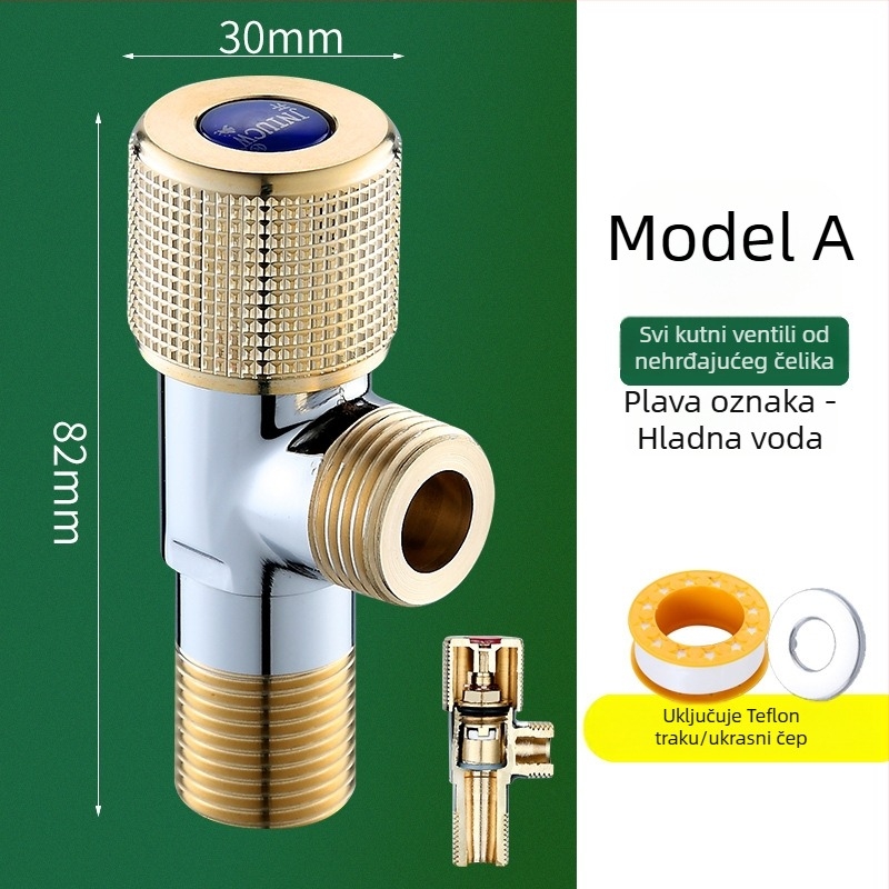 Latunski kutni ventil za toplu i hladnu vodu, troputni s jednim ulazom i dva izlaza, model 6001, radni tlak 1.0–10 MPa, unutarnji promjer 10 mm, ugradnja u zid