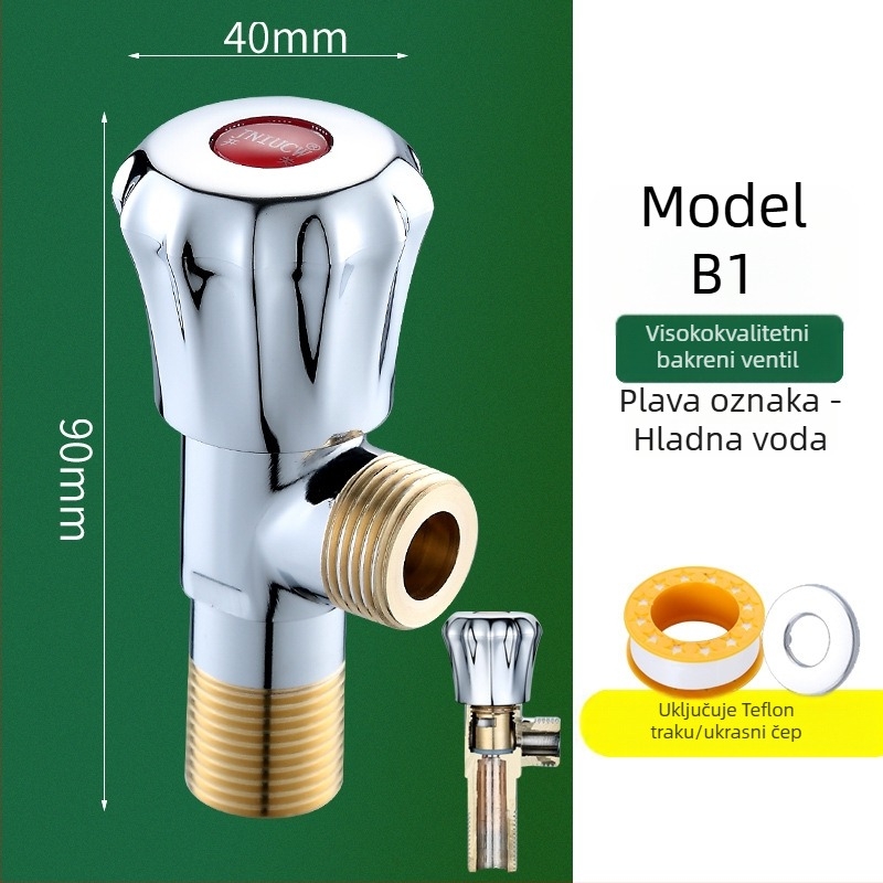 Latunski kutni ventil za toplu i hladnu vodu, troputni s jednim ulazom i dva izlaza, model 6001, radni tlak 1.0–10 MPa, unutarnji promjer 10 mm, ugradnja u zid
