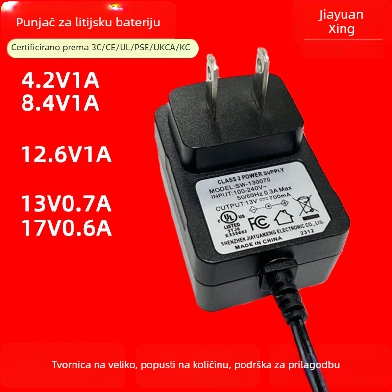 Nabijač Li-ion baterija za pozornicu osvjetljenje i odjeću s klimatizacijom — izlazi 4.2V/1A, 8.4V/1A, 12.6V/1A; ulaz AC100-240V; snaga 15W