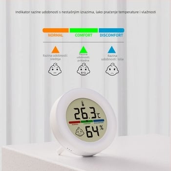 Okrugli digitalni mjerač temperature i vlage s magnetnim držačem, napajan CR2032, za kućno okruženje.