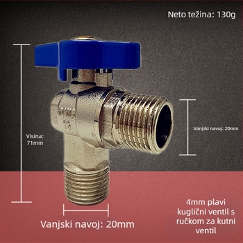Trokutni ventil od mesinga, tijelo od mesinga, Ø20 mm otvor, ručna montaža, radni tlak 16