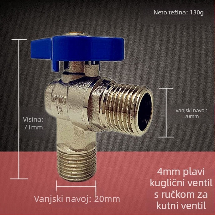 Trokutni ventil od mesinga, tijelo od mesinga, Ø20 mm otvor, ručna montaža, radni tlak 16