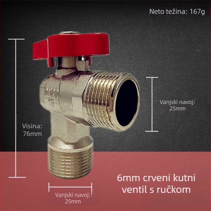 Trokutni ventil od mesinga, tijelo od mesinga, Ø20 mm otvor, ručna montaža, radni tlak 16
