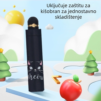 Trostruki sklopivi kišobran s dizajnom mačjeg crteža, otisak logotipa, UPF>40, 8 čeličnih rebara, 190T tkanina