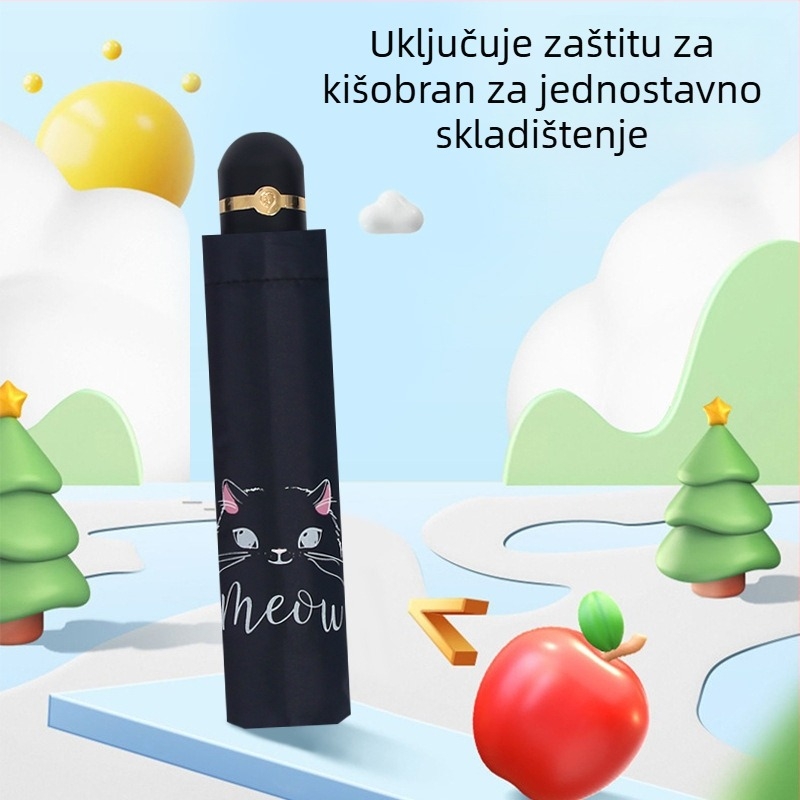 Trostruki sklopivi kišobran s dizajnom mačjeg crteža, otisak logotipa, UPF>40, 8 čeličnih rebara, 190T tkanina