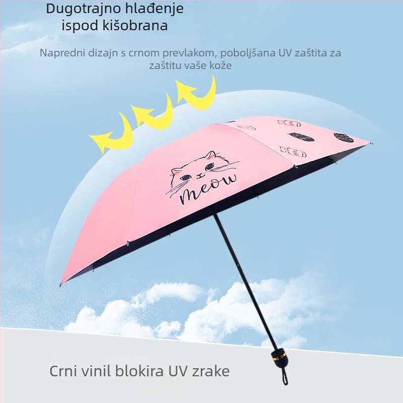 Trostruki sklopivi kišobran s dizajnom mačjeg crteža, otisak logotipa, UPF>40, 8 čeličnih rebara, 190T tkanina
