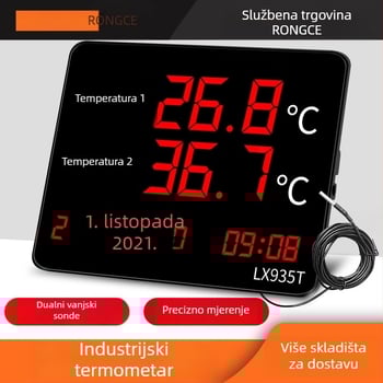 Industrijski dvostruki prikaz temperature i vlage s velikim zaslonom, zidni nosač LX935T, razlučivost 0.1°, pogreška temperature ±0.5°C, pogreška vlage ±3%, USB 5V napajanje