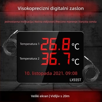 Industrijski dvostruki prikaz temperature i vlage s velikim zaslonom, zidni nosač LX935T, razlučivost 0.1°, pogreška temperature ±0.5°C, pogreška vlage ±3%, USB 5V napajanje