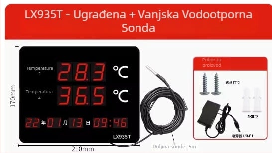 Industrijski dvostruki prikaz temperature i vlage s velikim zaslonom, zidni nosač LX935T, razlučivost 0.1°, pogreška temperature ±0.5°C, pogreška vlage ±3%, USB 5V napajanje