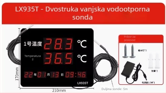 Industrijski dvostruki prikaz temperature i vlage s velikim zaslonom, zidni nosač LX935T, razlučivost 0.1°, pogreška temperature ±0.5°C, pogreška vlage ±3%, USB 5V napajanje