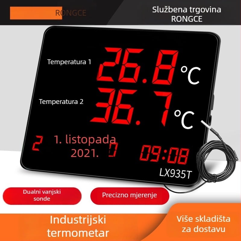 Industrijski dvostruki prikaz temperature i vlage s velikim zaslonom, zidni nosač LX935T, razlučivost 0.1°, pogreška temperature ±0.5°C, pogreška vlage ±3%, USB 5V napajanje