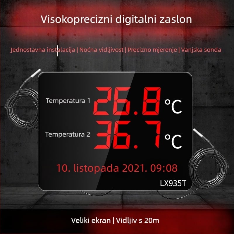 Industrijski dvostruki prikaz temperature i vlage s velikim zaslonom, zidni nosač LX935T, razlučivost 0.1°, pogreška temperature ±0.5°C, pogreška vlage ±3%, USB 5V napajanje