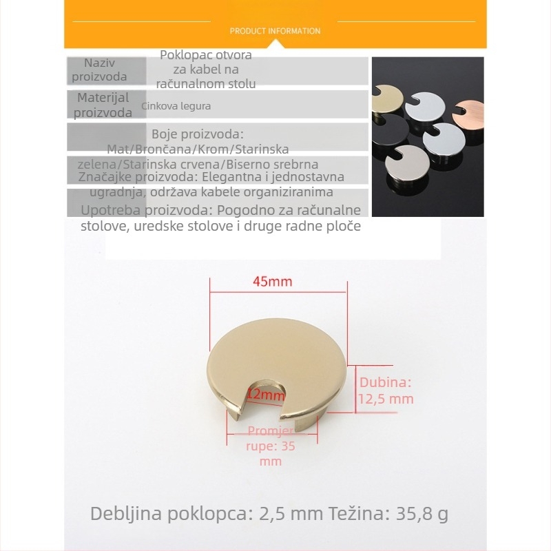 Kutija za kabel od cinkovog legura za stolno računalo – višenamjenska kutija za upravljanje kabelima s poklopcem kružne rupe, model 6001, elektroplating završna obrada