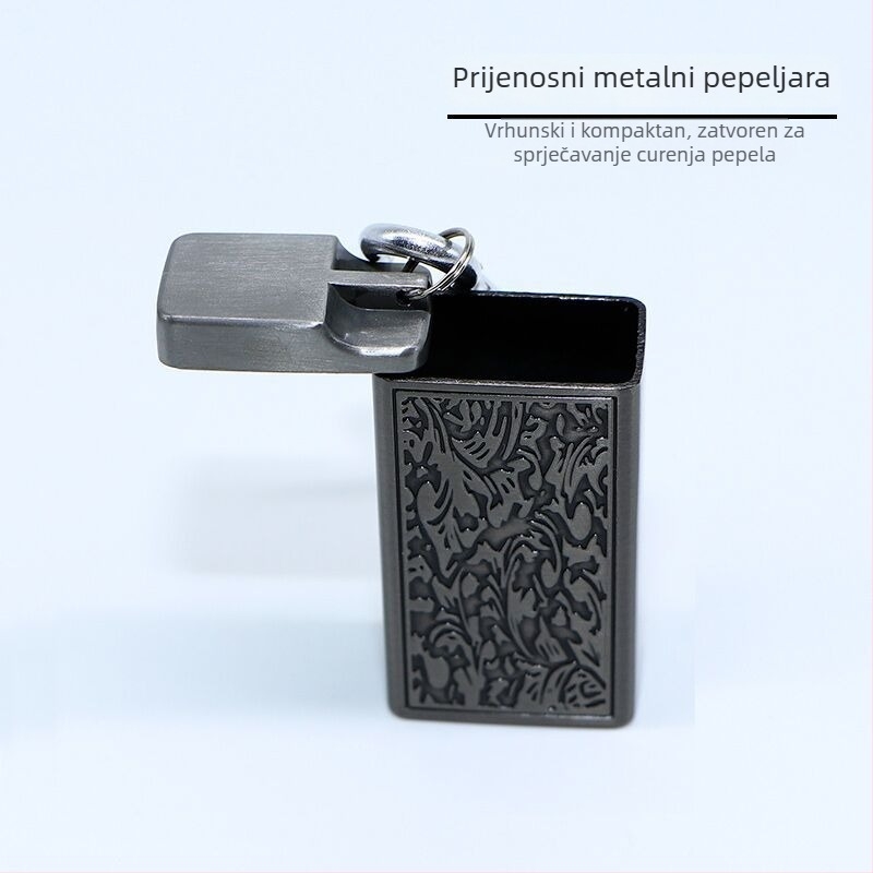 Mini pepelnjak s reljefnim uzorkom, karabinerom i vrećom pepela, metalni, višekratna upotreba, mogućnost tiskanja logotipa; idealno za outdoor aktivnosti