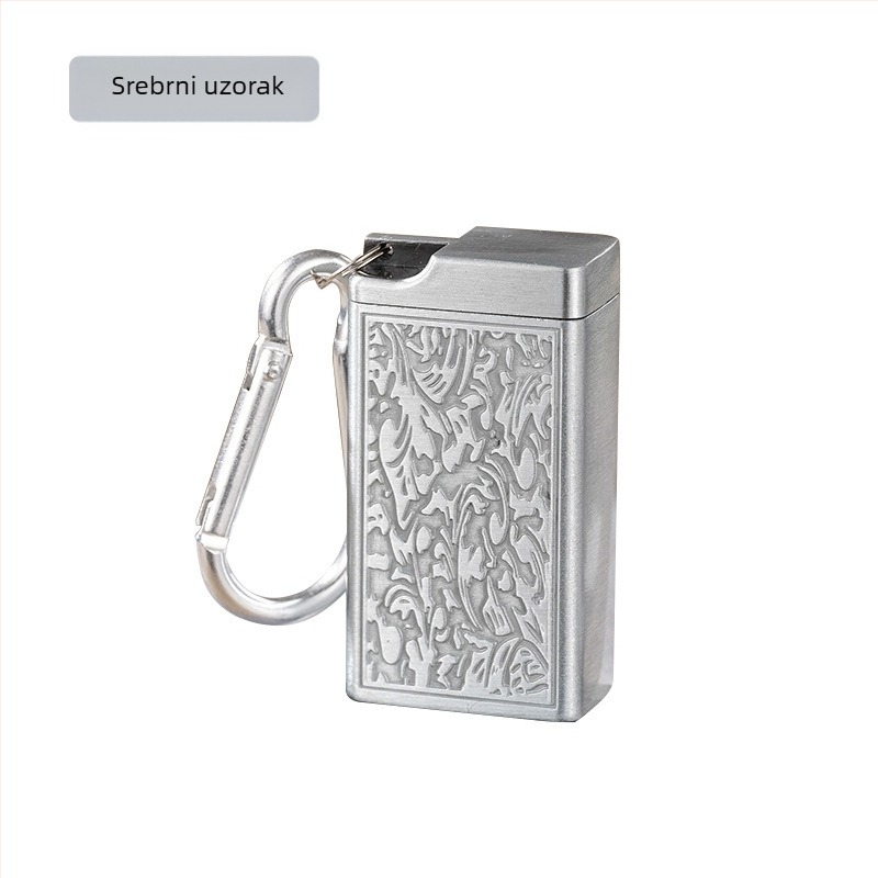 Mini pepelnjak s reljefnim uzorkom, karabinerom i vrećom pepela, metalni, višekratna upotreba, mogućnost tiskanja logotipa; idealno za outdoor aktivnosti