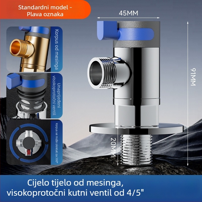 Univerzalni okretni kutni ventil od mesinga — model -003, radni tlak 0.8 MPa, unutarnji promjer 15 mm, ugradnja u zid