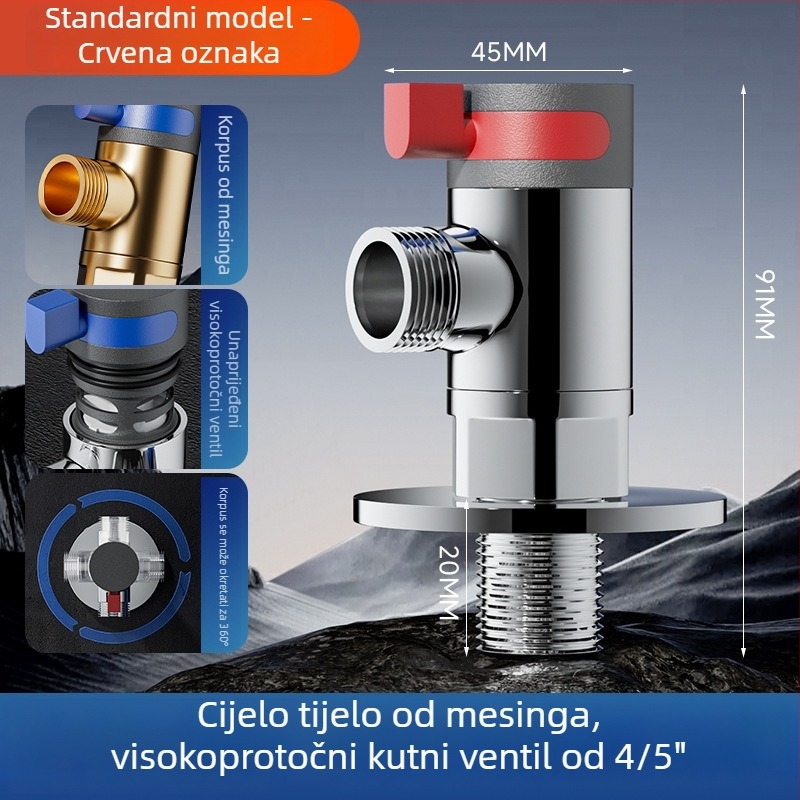 Univerzalni okretni kutni ventil od mesinga — model -003, radni tlak 0.8 MPa, unutarnji promjer 15 mm, ugradnja u zid
