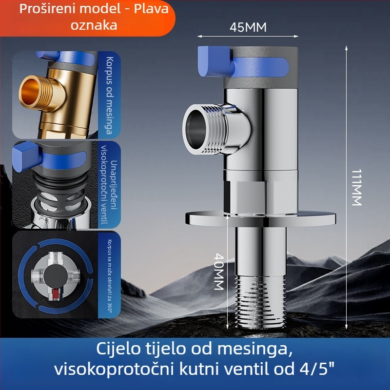 Univerzalni okretni kutni ventil od mesinga — model -003, radni tlak 0.8 MPa, unutarnji promjer 15 mm, ugradnja u zid