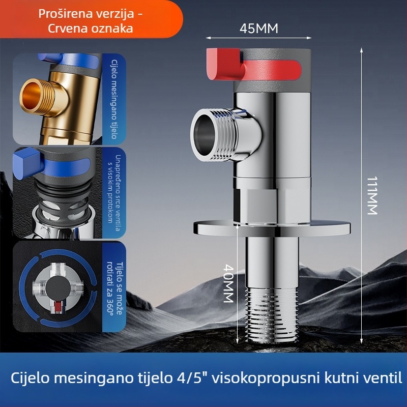 Univerzalni okretni kutni ventil od mesinga — model -003, radni tlak 0.8 MPa, unutarnji promjer 15 mm, ugradnja u zid