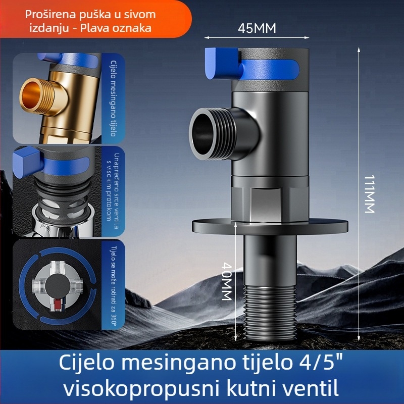 Univerzalni okretni kutni ventil od mesinga — model -003, radni tlak 0.8 MPa, unutarnji promjer 15 mm, ugradnja u zid