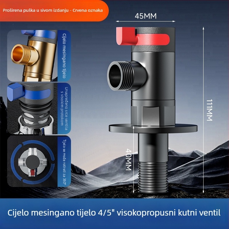 Univerzalni okretni kutni ventil od mesinga — model -003, radni tlak 0.8 MPa, unutarnji promjer 15 mm, ugradnja u zid