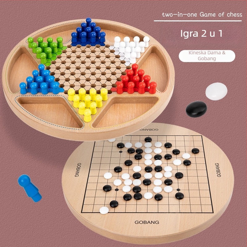 Drvena dvostruka stolna igra Gomoku i Dame (Flying Chess) za djecu, edukativna igra koja potiče interakciju roditelj-dijete
