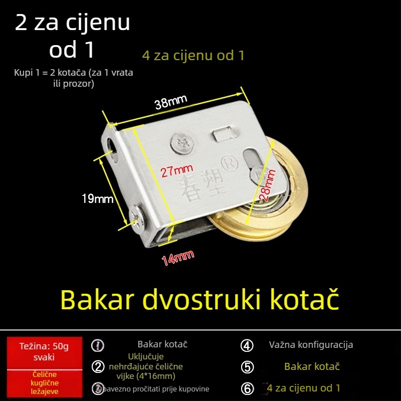 4-dijelni set 828 tipa kolotnica za klizna vrata i prozore – aluminijska legura, vodilica tračnice