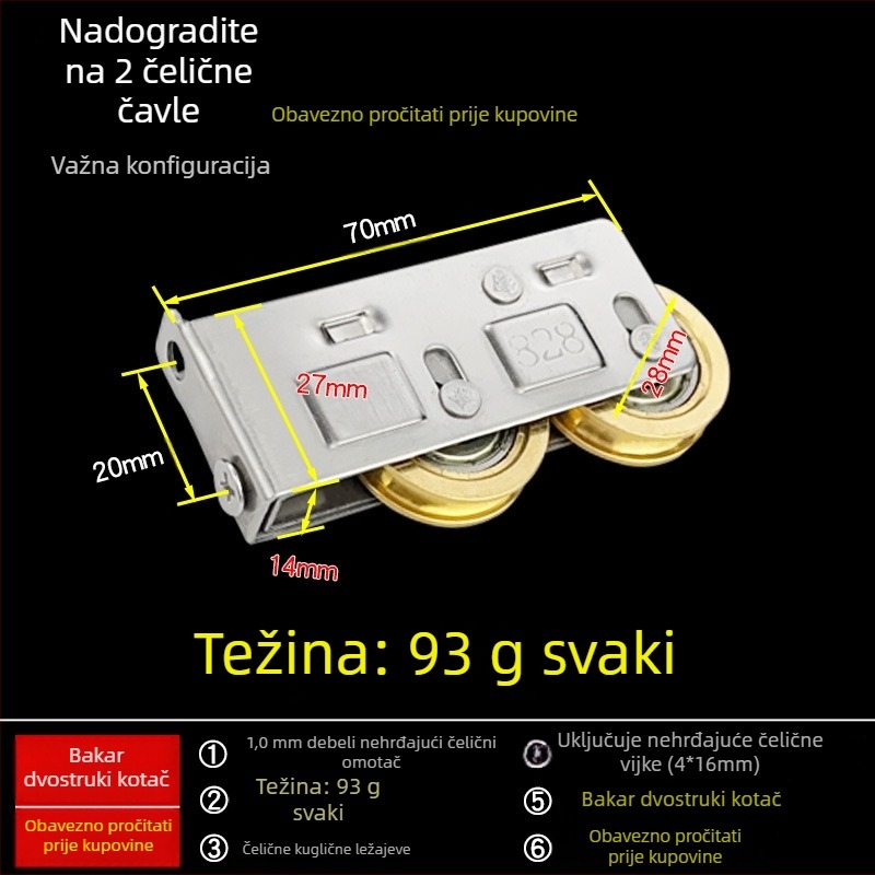 4-dijelni set 828 tipa kolotnica za klizna vrata i prozore – aluminijska legura, vodilica tračnice