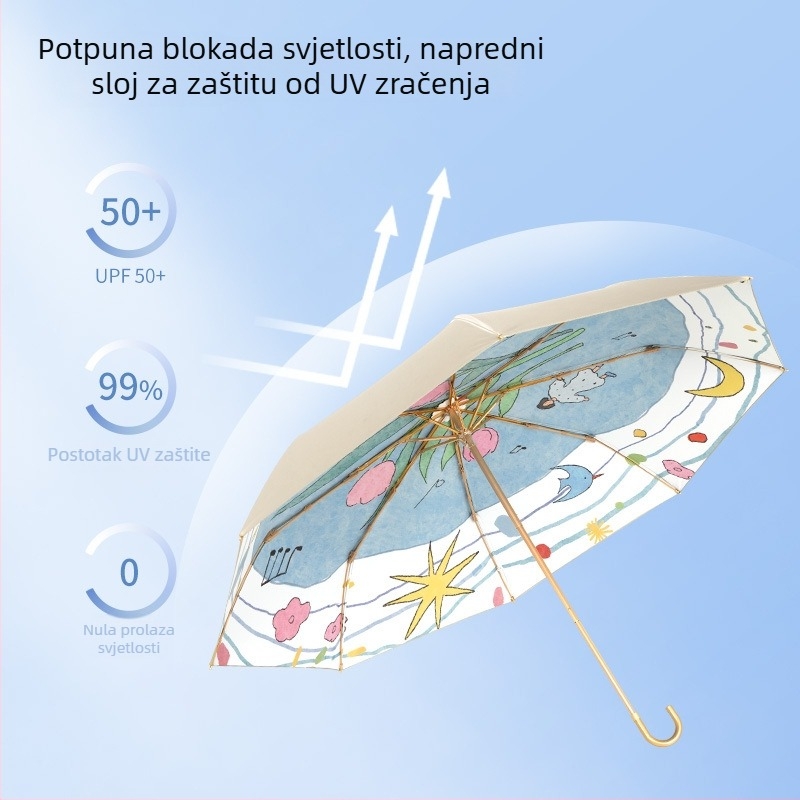 Sunčani kišobran s zakrivljenom drškom, UV zaštita UPF 50+, 8 rebara, trodijelni dizajn, tkanina od poliestera 190T
