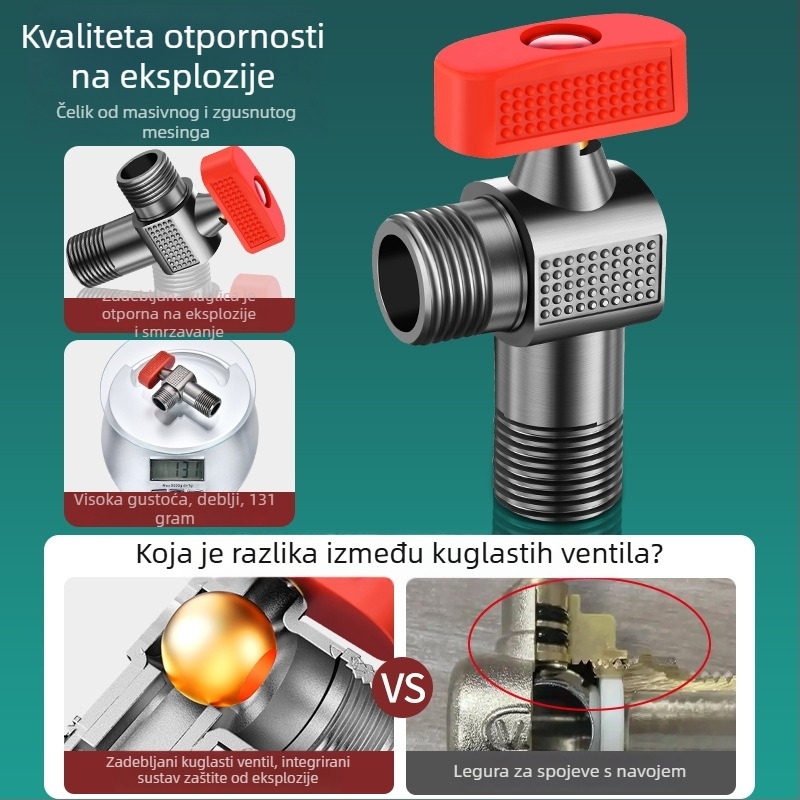Kuglasti ventil za plinski bojler, bakreno i cinkovo legura, navojni priključak, pogodan za kupaonicu, kuhinju i balkon