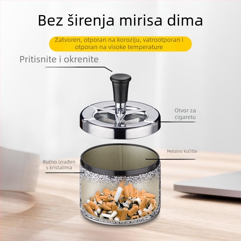 Metalni kućni pepeljak s pritiskom i rotacijom, mat završetak, skuplja pepeo i skladišti ga, mogućnost otiska logotipa