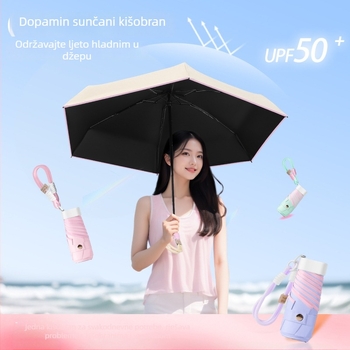 Mini vinil kišobran za reklamu s otiskom logotipa, 8 aluminijskih rebara, vinilna navlaka, ručno otvaranje i zatvaranje, UPF > 50, težina 350 g, gumeni držač