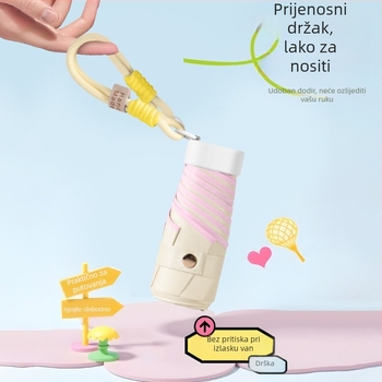 Mini vinil kišobran za reklamu s otiskom logotipa, 8 aluminijskih rebara, vinilna navlaka, ručno otvaranje i zatvaranje, UPF > 50, težina 350 g, gumeni držač