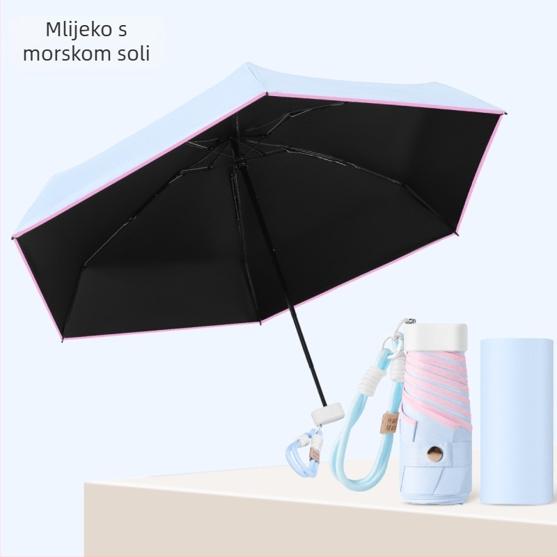 Mini vinil kišobran za reklamu s otiskom logotipa, 8 aluminijskih rebara, vinilna navlaka, ručno otvaranje i zatvaranje, UPF > 50, težina 350 g, gumeni držač