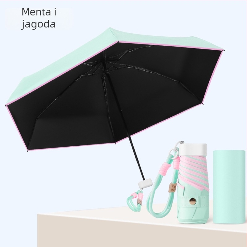 Mini vinil kišobran za reklamu s otiskom logotipa, 8 aluminijskih rebara, vinilna navlaka, ručno otvaranje i zatvaranje, UPF > 50, težina 350 g, gumeni držač
