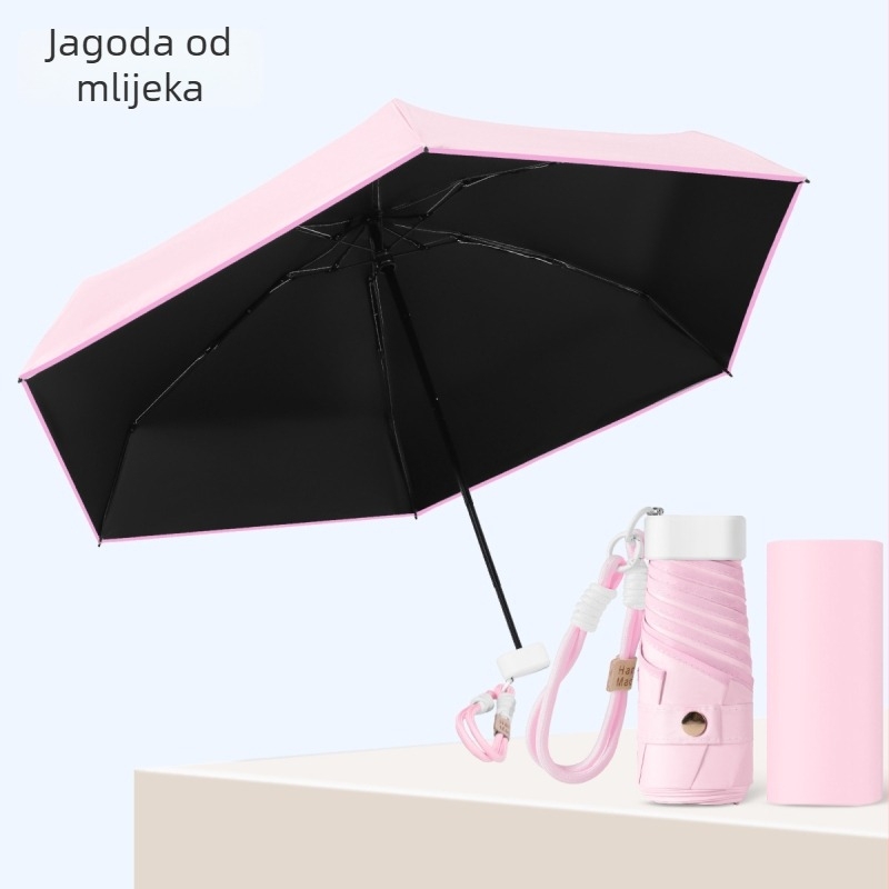 Mini vinil kišobran za reklamu s otiskom logotipa, 8 aluminijskih rebara, vinilna navlaka, ručno otvaranje i zatvaranje, UPF > 50, težina 350 g, gumeni držač