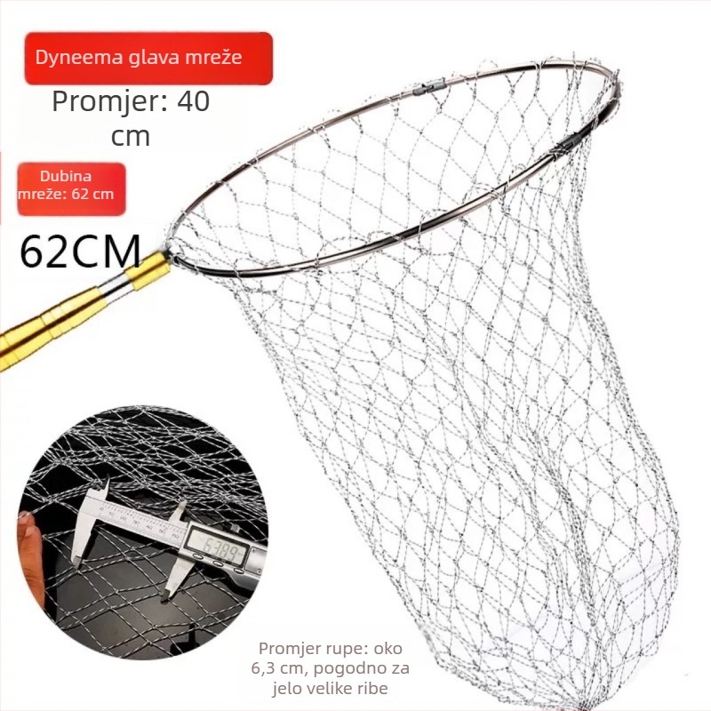 Nehrđajući čelik teleskopska sklopiva mreža za lov ribe s glavom, dubina 60 cm, gusta mreža, skupljiva
