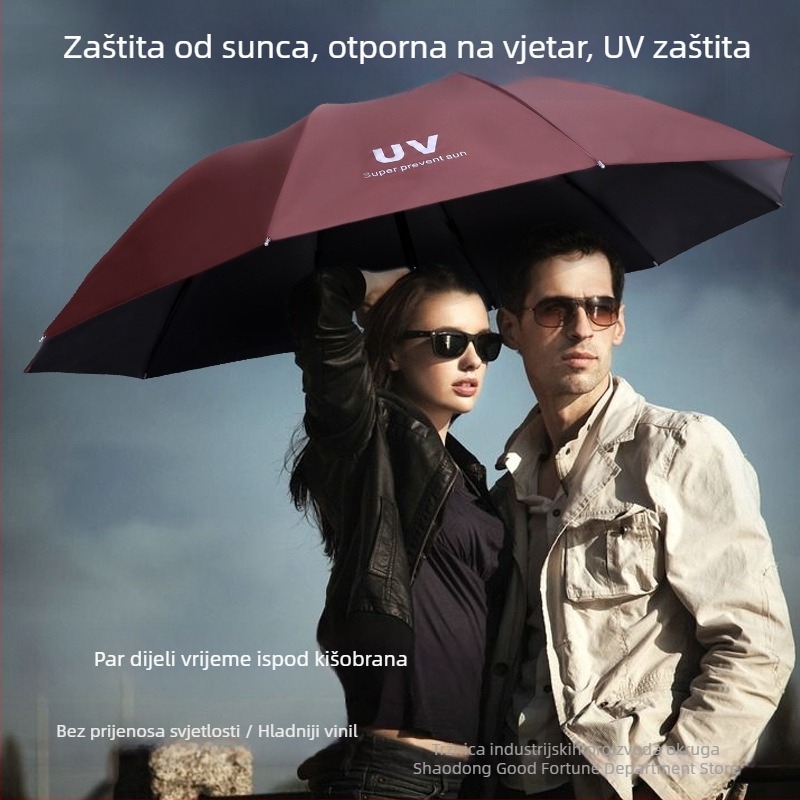 Poslovni trodijelni sklopivi kišobran s UV zaštitom UPF30+, 190T poliester tkanina, okvir od željeza s 10 rebara, gumena drška, ručno otvaranje