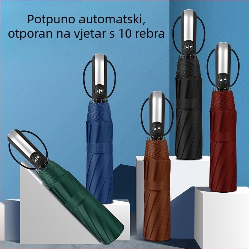 Automatska sklopiva kišobran s 10 šipki, UPF50+ zaštita od sunca, platno 190T, čelična osovina, gumeni držač ručke, mogućnost otiska loga