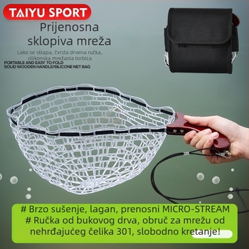 Set mreže za lov malih riba s sklopivom drškom od drveta i silikonskim džepom mreže (Materijal: nehrđajući čelik + silikon; Oči mreže: debe; Ne skuplja se)