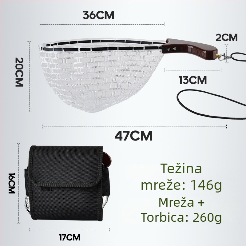 Set mreže za lov malih riba s sklopivom drškom od drveta i silikonskim džepom mreže (Materijal: nehrđajući čelik + silikon; Oči mreže: debe; Ne skuplja se)