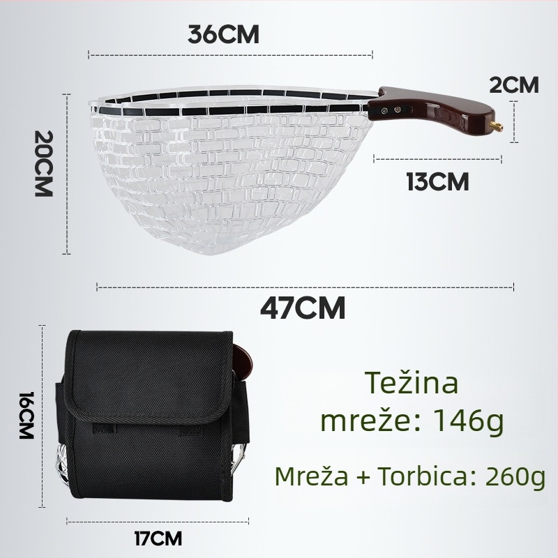 Set mreže za lov malih riba s sklopivom drškom od drveta i silikonskim džepom mreže (Materijal: nehrđajući čelik + silikon; Oči mreže: debe; Ne skuplja se)
