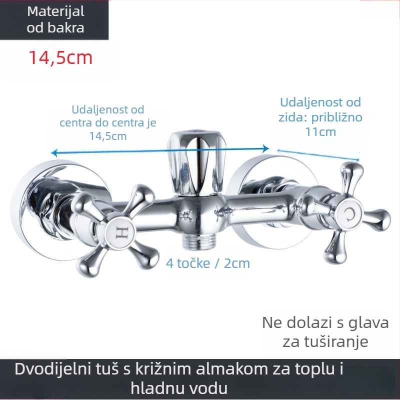 Tuš miješalica s dvostrukim upravljanjem, bakreno tijelo, 0–80°C, navojni priključak, bakreno jezgro