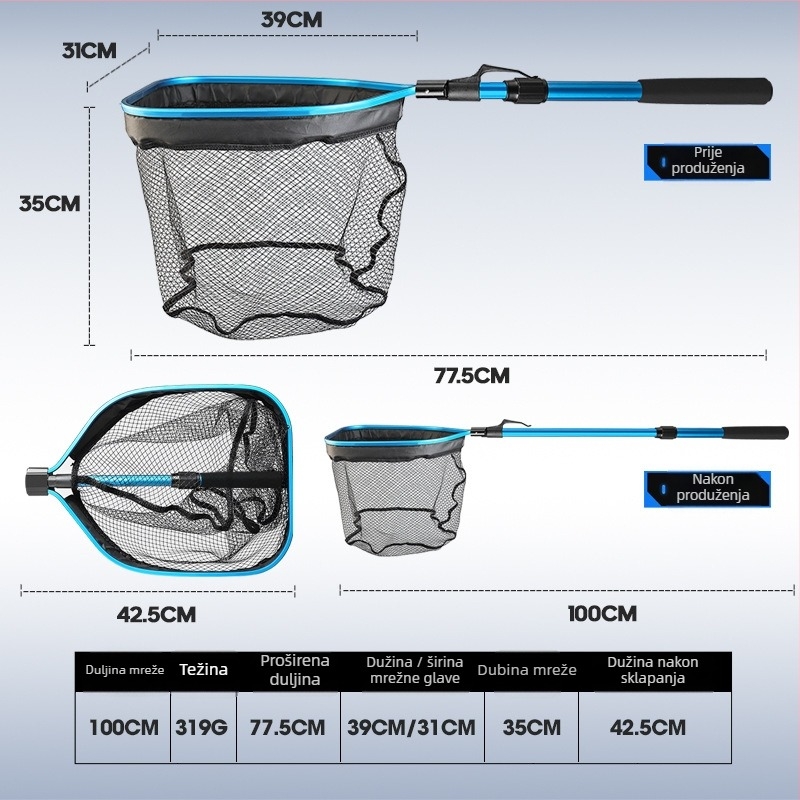 Sklopiva mreža za ribolov s aluminijskim okvirom i silikoniziranim mrežom, promjer otvora 31 cm, dubina mreže 35 cm, proširiva, nosivost 3 kg