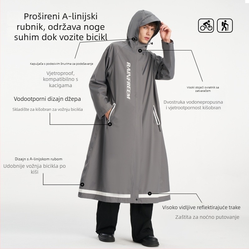Kišni pončo za odrasle, dugačak, cijelo tijelo pokrivenost, Chun yafang tkanina, 0.23 mm debljina, PVC ljepilo vodootporni sloj, mogućnost prilagodbe