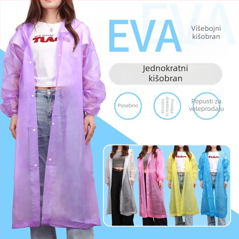 Jednodelni EVA kišni kaput za odrasle, pogodan za planinarenje i aktivnosti na otvorenom, višekratna upotreba, s tiskom logotipa i mogućnošću prilagodbe.