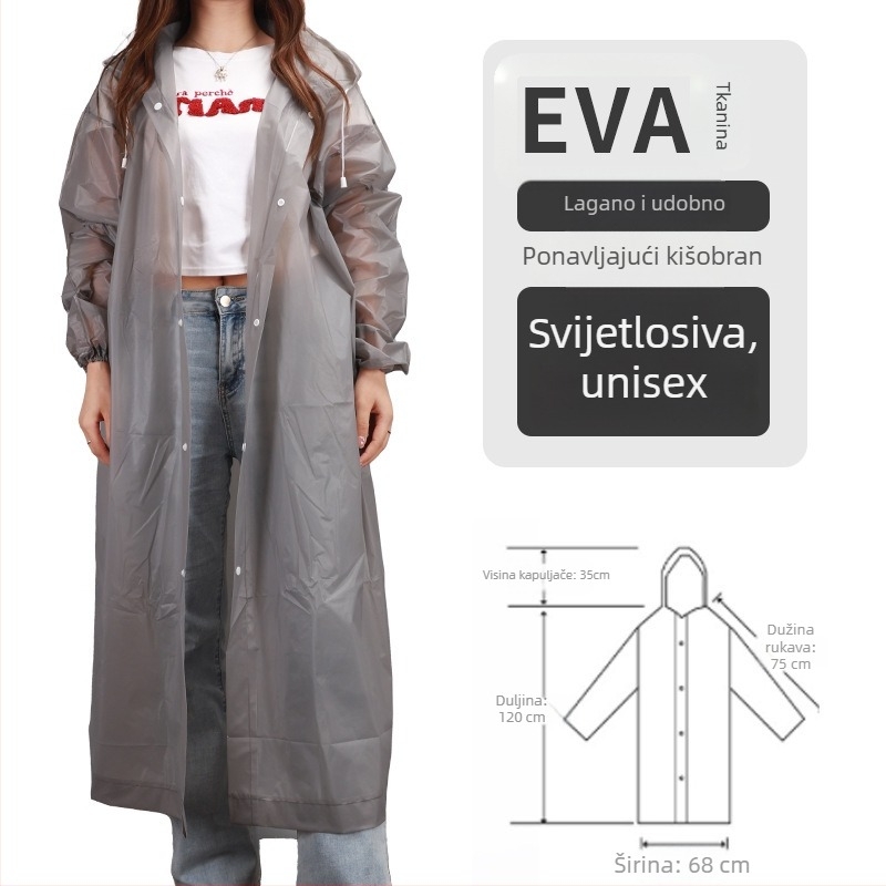 Jednodelni EVA kišni kaput za odrasle, pogodan za planinarenje i aktivnosti na otvorenom, višekratna upotreba, s tiskom logotipa i mogućnošću prilagodbe.