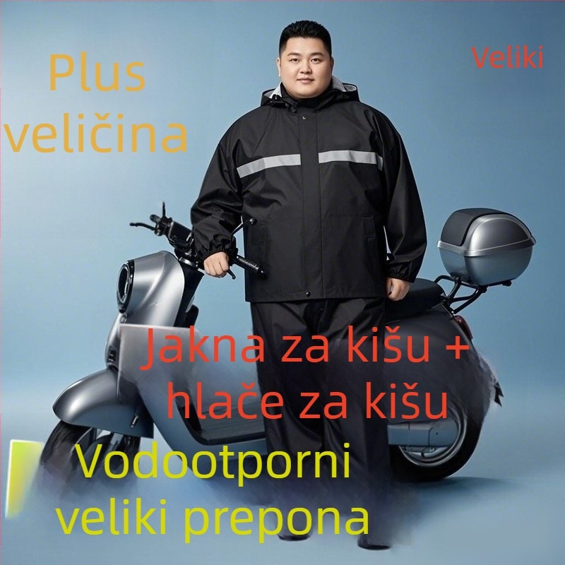 Split tip kabanica i hlače za kišu, svestran dizajn; Tkanina: Chunya spinning; Debljina tkanine: 23 mm; Vodootporni sloj: PVC ljepilo; Ispis logotipa: moguć