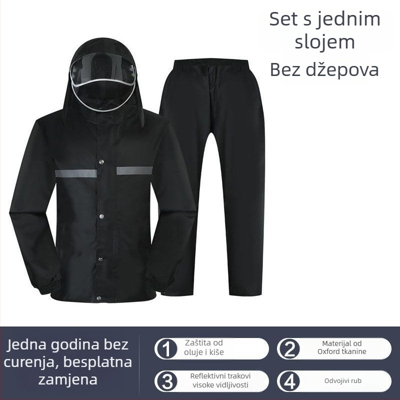 Split tip kabanica i hlače za kišu, svestran dizajn; Tkanina: Chunya spinning; Debljina tkanine: 23 mm; Vodootporni sloj: PVC ljepilo; Ispis logotipa: moguć