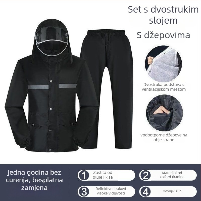 Split tip kabanica i hlače za kišu, svestran dizajn; Tkanina: Chunya spinning; Debljina tkanine: 23 mm; Vodootporni sloj: PVC ljepilo; Ispis logotipa: moguć